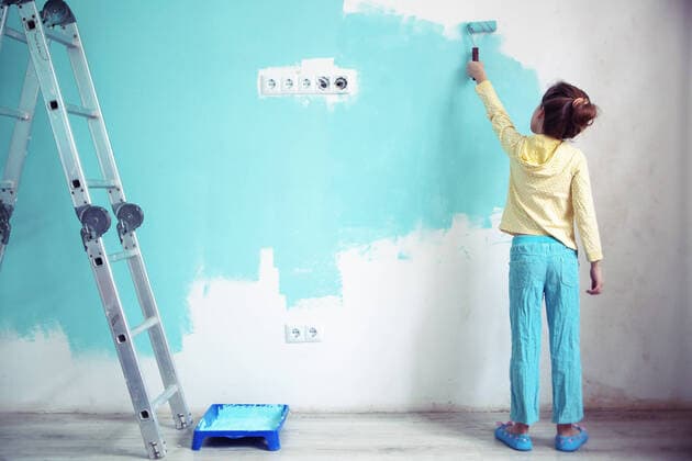 Creative Highlights Symbolbilder 7 years old girl painting the wall at home, Instagram style toning, model released, , 11819436.jpg, blue, brush, casual, child, color, construction tools, decorating, design, fun, girl, hand, helper, helping, home, house, indoors, interior, kid, little, nursery, outlet, paint, painter, painting, person, preteen, renovation, repair, roller, room, shabby chic, small, stepladder, still life, teal, wall, white, yellow,