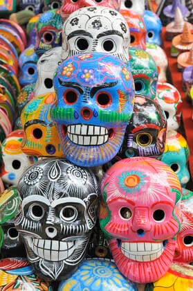 Skulls painted in traditional mayan motif, in yucatan, mexico , 14149858.jpg, skull, painted, colored, many, nobody, art, traditional, mayan, yucatan, mexico, pink, blue, black, white, green, red, yellow,