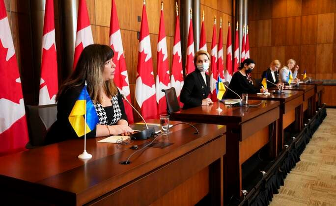 April 1, 2022, Ottawa, Ontario, Canada: Ukrainian member of Parliament Lesia Zaburanna, left, speaks during a press conference as she joins fellow Ukrainian member s of Parliament visiting Ottawa on Friday, April 1, 2022. Ottawa Canada  - ZUMAc35_ 20220401_zaf_c35_002 Copyright: xThexCanadianxPressx