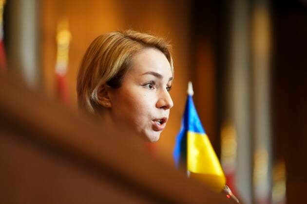 April 1, 2022, Ottawa, Ontario, Canada: Ukrainian member of Parliament Anastasia Radina speaks during a press conference as she joins fellow Ukrainian members of Parliament visiting Ottawa on Friday, April 1, 2022. Ottawa Canada  - ZUMAc35_ 20220401_zaf_c35_003 Copyright: xThexCanadianxPressx