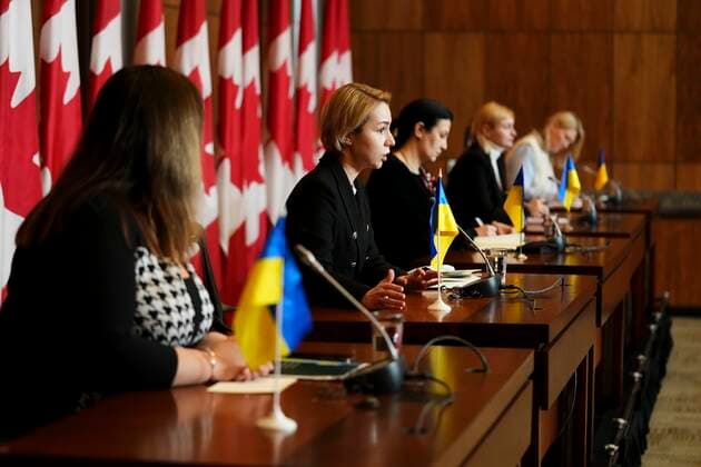 April 1, 2022, Ottawa, Ontario, Canada: Ukrainian member of Parliament Anastasia Radina, second from left, speaks during a press conference as she joins fellow Ukrainian members of Parliament visiting Ottawa on Friday, April 1, 2022. Ottawa Canada  - ZUMAc35_ 20220401_zaf_c35_004 Copyright: xThexCanadianxPressx