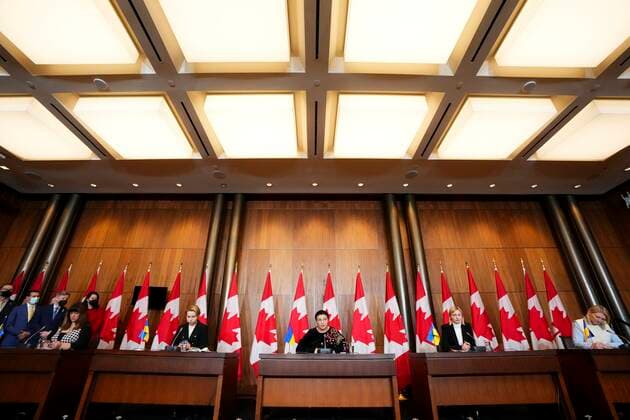 April 1, 2022, Ottawa, Ontario, Canada: A delegation of Ukrainian members of Parliament hold a press conference as they visit Ottawa on Friday, April 1, 2022. Ottawa Canada  - ZUMAc35_ 20220401_zaf_c35_008 Copyright: xThexCanadianxPressx