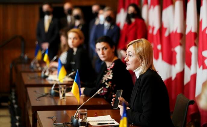 April 1, 2022, Ottawa, Ontario, Canada: Ukrainian member of Parliament Yevheniya Kravchuk, right, speaks during a press conference as she joins fellow Ukrainian members of Parliament visiting Ottawa on Friday, April 1, 2022. Ottawa Canada  - ZUMAc35_ 20220401_zaf_c35_010 Copyright: xThexCanadianxPressx