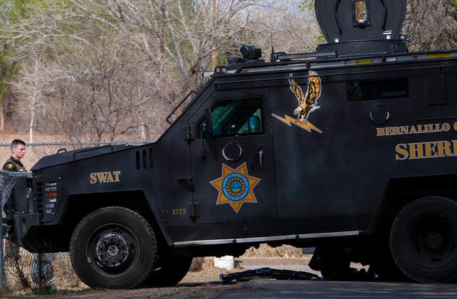 April 1, 2022, Albuquerque, New Mexico, USA: 040122.An armored SWAT vehicle is at the scene of a fatal BCSO deputy involved shooting at Arenal and Severo SW in the South Valley .Photographed on Friday April 1, 2022. JOURNAL. Albuquerque USA - ZUMAab1_ 20220401_zaf_ab1_006 Copyright: xAdolphexPierre-Louisx