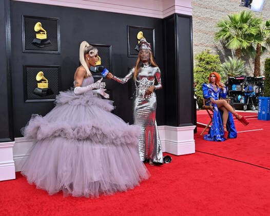 Trinity K. Bonet and Kahanna Montrese arrive for the 64th annual Grammy Awards at the MGM Grand Garden Arena in Las Vegas, Nevada on Sunday, April 3, 2022.  LAV20220403015 JIMxRUYMEN