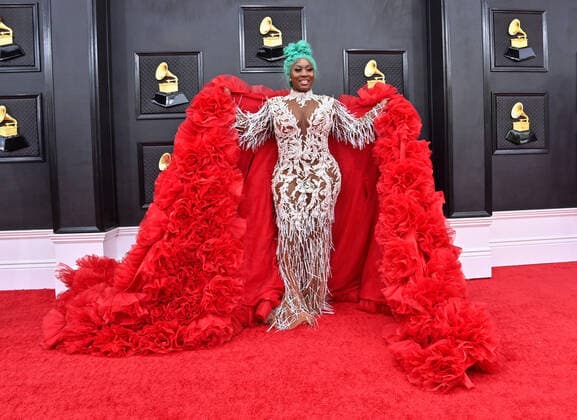 Spice arrives for the 64th annual Grammy Awards at the MGM Grand Garden Arena in Las Vegas, Nevada on Sunday, April 3, 2022.  LAV20220403168 JIMxRUYMEN