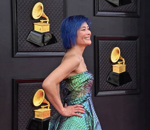 Jennifer Koh arrives for the 64th annual Grammy Awards at the MGM Grand Garden Arena in Las Vegas, Nevada on Sunday, April 3, 2022.  LAV20220403200 JIMxRUYMEN