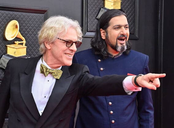 Stewart Copeland and Ricky Kej arrive for the 64th annual Grammy Awards at the MGM Grand Garden Arena in Las Vegas, Nevada on Sunday, April 3, 2022.  LAV20220403271 JIMxRUYMEN