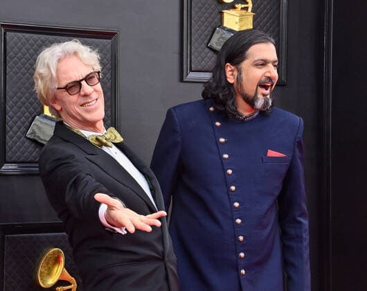 Stewart Copeland and Ricky Kej arrive for the 64th annual Grammy Awards at the MGM Grand Garden Arena in Las Vegas, Nevada on Sunday, April 3, 2022.  LAV20220403273 JIMxRUYMEN