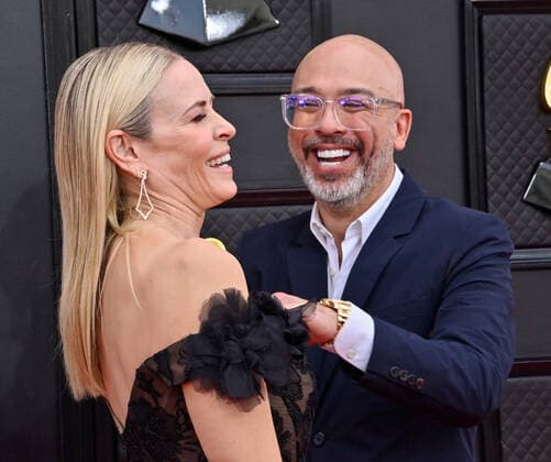 Chelsea Handler and Jo Koy arrive for the 64th annual Grammy Awards at the MGM Grand Garden Arena in Las Vegas, Nevada on Sunday, April 3, 2022.  LAV20220403337 JIMxRUYMEN