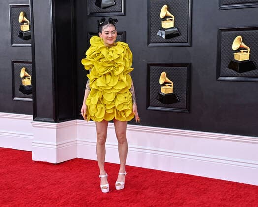 Michelle Zauner arrives for the 64th annual Grammy Awards at the MGM Grand Garden Arena in Las Vegas, Nevada on Sunday, April 3, 2022.  LAV20220403240 JIMxRUYMEN