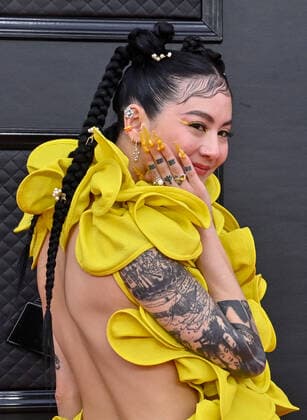 Michelle Zauner arrives for the 64th annual Grammy Awards at the MGM Grand Garden Arena in Las Vegas, Nevada on Sunday, April 3, 2022.  LAV20220403251 JIMxRUYMEN