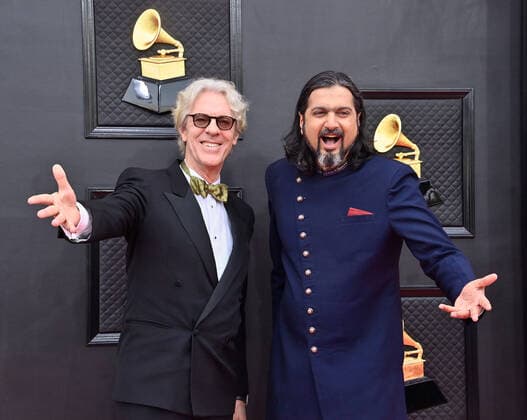 Stewart Copeland and Ricky Kej arrive for the 64th annual Grammy Awards at the MGM Grand Garden Arena in Las Vegas, Nevada on Sunday, April 3, 2022.  LAV20220403262 JIMxRUYMEN