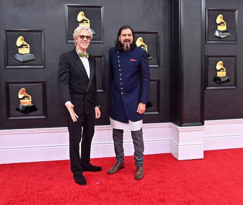 Stewart Copeland and Ricky Kej arrive for the 64th annual Grammy Awards at the MGM Grand Garden Arena in Las Vegas, Nevada on Sunday, April 3, 2022.  LAV20220403264 JIMxRUYMEN