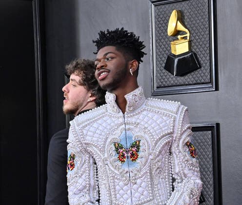 Jack Harlow and Lil Nas X arrive for the 64th annual Grammy Awards at the MGM Grand Garden Arena in Las Vegas, Nevada on Sunday, April 3, 2022.  LAV20220403460 JIMxRUYMEN