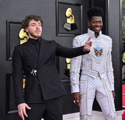 Jack Harlow and Lil Nas X arrive for the 64th annual Grammy Awards at the MGM Grand Garden Arena in Las Vegas, Nevada on Sunday, April 3, 2022.  LAV20220403482 JIMxRUYMEN