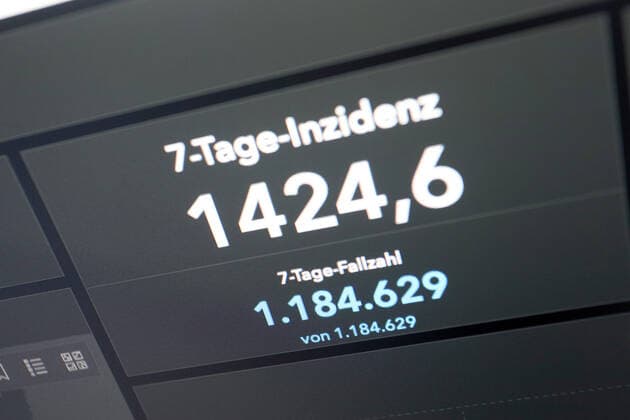 RKI dashboard, 7 day incidence is now 1424.6 7 day incidence, RKI dashboard on a monitor on 04 04 2022 in Siegen Germany.