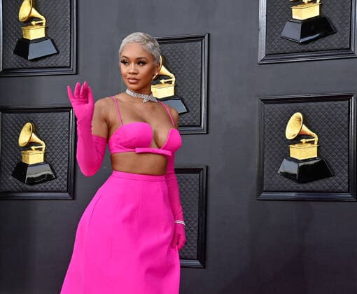 Saweetie arrives for the 64th annual Grammy Awards at the MGM Grand Garden Arena in Las Vegas, Nevada on Sunday, April 3, 2022.  LAV20220403714 JIMxRUYMEN
