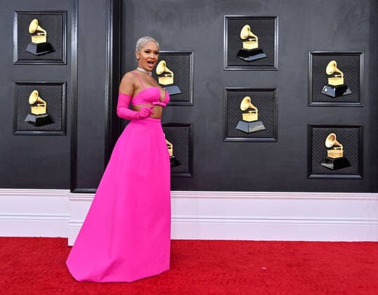 Saweetie arrives for the 64th annual Grammy Awards at the MGM Grand Garden Arena in Las Vegas, Nevada on Sunday, April 3, 2022.  LAV20220403715 JIMxRUYMEN