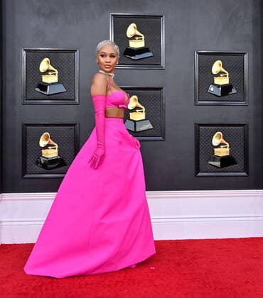 Saweetie arrives for the 64th annual Grammy Awards at the MGM Grand Garden Arena in Las Vegas, Nevada on Sunday, April 3, 2022.  LAV20220403717 JIMxRUYMEN