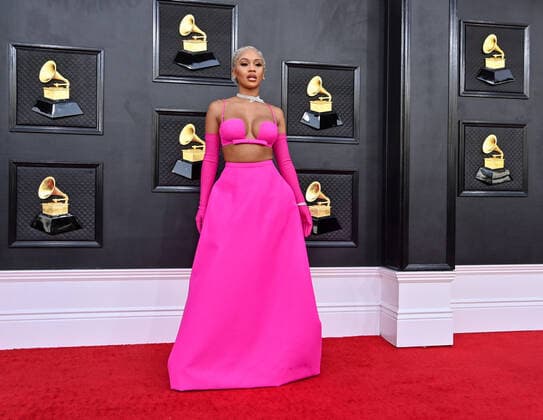 Saweetie arrives for the 64th annual Grammy Awards at the MGM Grand Garden Arena in Las Vegas, Nevada on Sunday, April 3, 2022.  LAV20220403723 JIMxRUYMEN