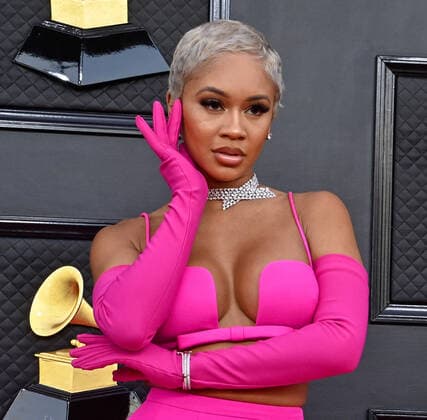 Saweetie arrives for the 64th annual Grammy Awards at the MGM Grand Garden Arena in Las Vegas, Nevada on Sunday, April 3, 2022.  LAV20220403728 JIMxRUYMEN