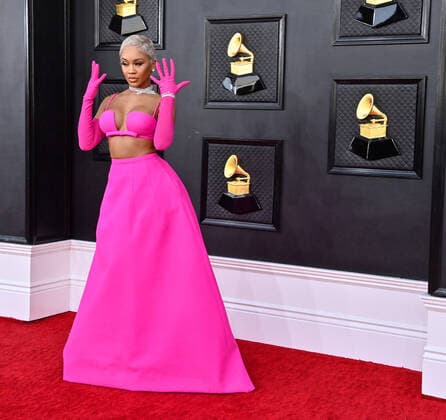 Saweetie arrives for the 64th annual Grammy Awards at the MGM Grand Garden Arena in Las Vegas, Nevada on Sunday, April 3, 2022.  LAV20220403711 JIMxRUYMEN