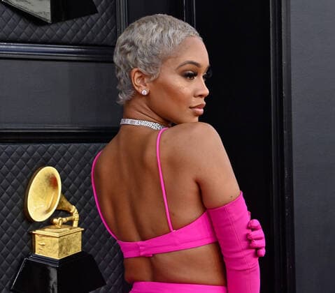 Saweetie arrives for the 64th annual Grammy Awards at the MGM Grand Garden Arena in Las Vegas, Nevada on Sunday, April 3, 2022.  LAV20220403740 JIMxRUYMEN