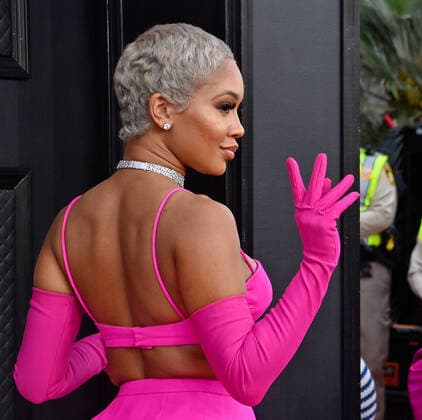 Saweetie arrives for the 64th annual Grammy Awards at the MGM Grand Garden Arena in Las Vegas, Nevada on Sunday, April 3, 2022.  LAV20220403742 JIMxRUYMEN