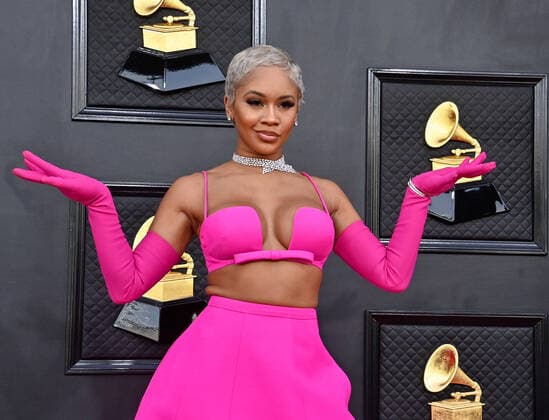 Saweetie arrives for the 64th annual Grammy Awards at the MGM Grand Garden Arena in Las Vegas, Nevada on Sunday, April 3, 2022.  LAV20220403734 JIMxRUYMEN