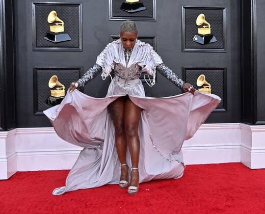Cynthia Erivo arrives for the 64th annual Grammy Awards at the MGM Grand Garden Arena in Las Vegas, Nevada on Sunday, April 3, 2022.  LAV20220403827 JIMxRUYMEN