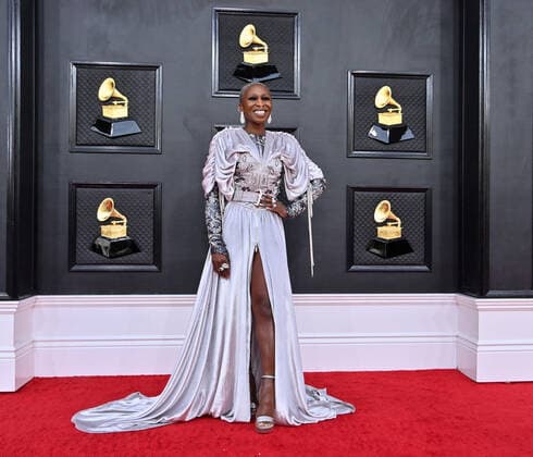 Cynthia Erivo arrives for the 64th annual Grammy Awards at the MGM Grand Garden Arena in Las Vegas, Nevada on Sunday, April 3, 2022.  LAV20220403828 JIMxRUYMEN