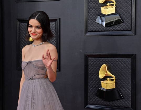 Rachel Zegler arrives for the 64th annual Grammy Awards at the MGM Grand Garden Arena in Las Vegas, Nevada on Sunday, April 3, 2022.  LAV20220403807 JIMxRUYMEN