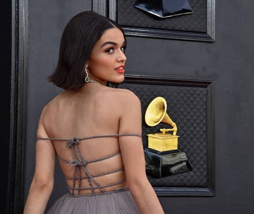 Rachel Zegler arrives for the 64th annual Grammy Awards at the MGM Grand Garden Arena in Las Vegas, Nevada on Sunday, April 3, 2022.  LAV20220403825 JIMxRUYMEN