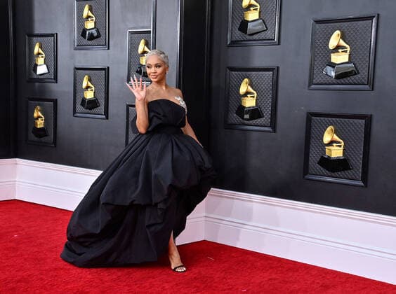 Saweetie arrives for the 64th annual Grammy Awards at the MGM Grand Garden Arena in Las Vegas, Nevada on Sunday, April 3, 2022.  LAV20220403873 JIMxRUYMEN
