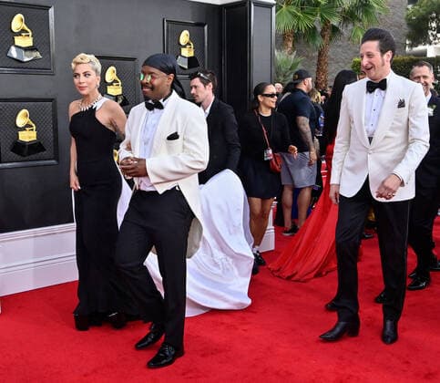 Lady Gaga, Michael Bearden and Brian Newman arrive for the 64th annual Grammy Awards at the MGM Grand Garden Arena in Las Vegas, Nevada on Sunday, April 3, 2022.  LAV20220403952 JIMxRUYMEN