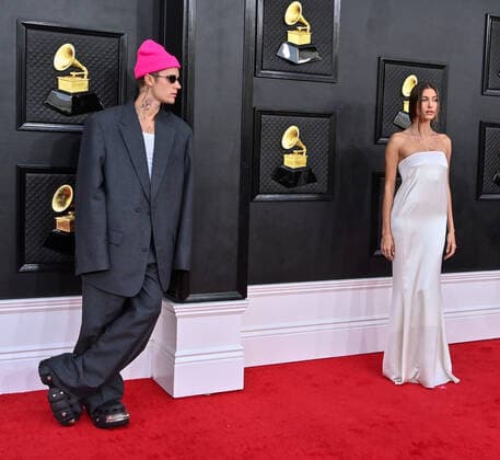 Justin Bieber and Hailey Bieber arrive for the 64th annual Grammy Awards at the MGM Grand Garden Arena in Las Vegas, Nevada on Sunday, April 3, 2022.  LAV202204031026 JIMxRUYMEN