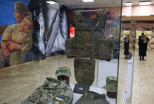 MOSCOW, RUSSIA - APRIL 4, 2022: A bulletproof vest of the Armed Forces of Ukraine made according to the 2020s NATO standards, is on display at the exhibition NATO: The Chronicle of Cruelty at the State Central Museum of Contemporary History of Russia. Anton Novoderezhkin TASS  TS12B063