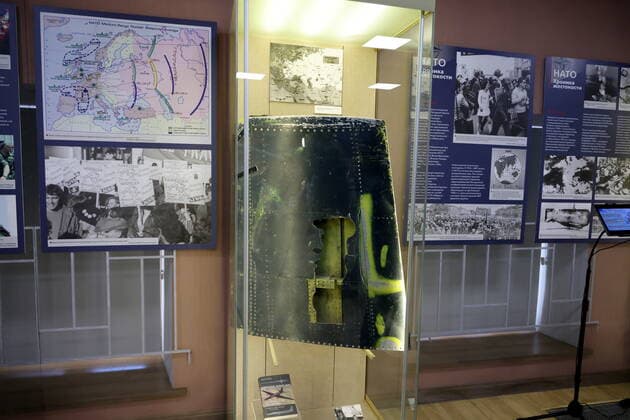 MOSCOW, RUSSIA - APRIL 4, 2022: Items are on display at the exhibition NATO: The Chronicle of Cruelty at the State Central Museum of Contemporary History of Russia. Anton Novoderezhkin TASS  TS12B069