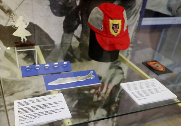 MOSCOW, RUSSIA - APRIL 4, 2022: A desk decoration made of a fragment of a US plane brought down in Vietnam (Vietnam, 1969) is on display at the exhibition NATO: The Chronicle of Cruelty at the State Central Museum of Contemporary History of Russia. Anton Novoderezhkin TASS  TS12B08B