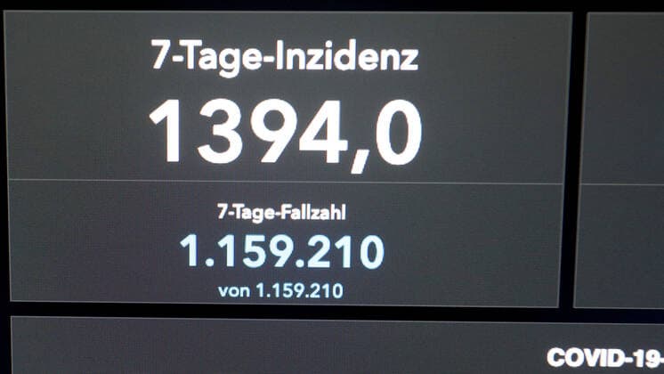 RKI dashboard, 7 day incidence is now 1394.0 7 day incidence, RKI dashboard on a monitor on 05 04 2022 in Siegen Germany.