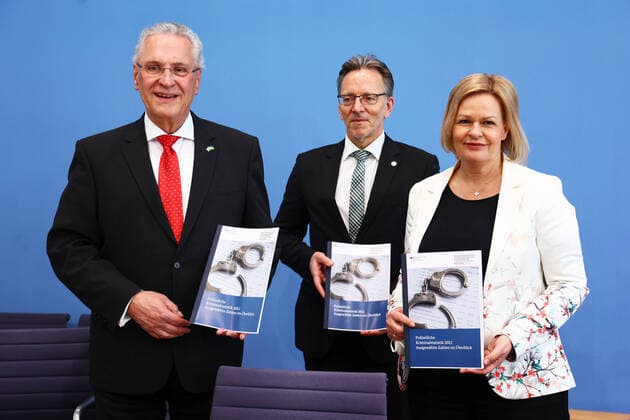 News Themen der Woche KW14 News Bilder des Tages Bundesministerin des Innern und fuer Heimat Nancy Faeser (R), Vorsitzender der Innenministerkonferenz (IMK) und Bayerischer Staatsminister des Innern fuer Sport und Integration Joachim Herrmann (L) und Praesident des Bundeskriminalamtes (BKA) Holger Muench bei der Bundespressekonferenz in Berlin am 5. April 2022. Vorstellung der Kriminalstatistik 2021 *** Federal Minister of the Interior and Home Affairs Nancy Faeser R , Chairman of the Conference of Ministers of the Interior IMK and Bavarian State Minister of the Interior for Sports and Integration Joachim Herrmann L and President of the Federal Criminal Police Office BKA Holger Muench at the Federal Press Conference in Berlin on April 5, 2022 Presentation of the crime statistics 2021