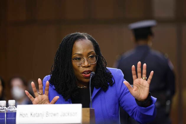 (220407) -- WASHINGTON, April 7, 2022 -- File photo taken on March 23, 2022 shows Judge Ketanji Brown Jackson testifying during the Senate Judiciary Committee s confirmation hearing on her nomination to the U.S. Supreme Court in Washington, D.C., the United States. The U.S. Senate confirmed Judge Ketanji Brown Jackson for the Supreme Court in a 53-47 vote on April 7, 2022. Only three Republicans joined Democrats and independents in supporting Jackson to be the first African American woman on the highest court. (Photo by Xinhua) FILE-U.S.-WASHINGTON, D.C.-SUPREME COURT NOMINEE-FIRST AFRICAN AMERICAN WOMAN-CONFIRMATION TingxShen 