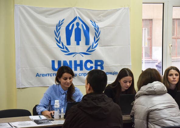 March 31, 2022, Lviv, Ukraine: UN refugee office in Lviv registers people as refugees due to the Russian military invasion of Ukraine. The UN Office for Refugees, which registers refugees from Russian military aggression in Ukraine, has opened in Lviv. Each refugee will receive 2,200 hryvnias (equivalent to $ 80) from the UN each month for three months. Currently, such offices operate only in three Ukrainian cities - Lviv, Uzhhorod, and Mukachevo. Lviv Ukraine - ZUMAs197 20220331_zab_s197_092 Copyright: xPavloxPalamarchukx