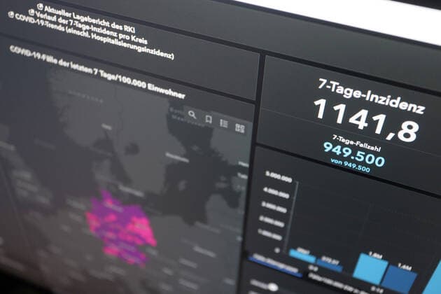 RKI dashboard, 7 day incidence is now 1141.8 7 day incidence, RKI dashboard on a monitor on 09 04 2022 in Siegen Germany.