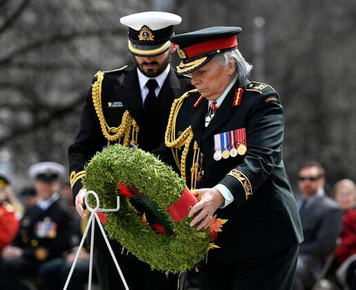April 9, 2022, Ottawa, ON, CAN: Gov. Gen. Mary Simon lays a wreath during at a ceremony commemorating the 105th anniversary of the Battle of Vimy Ridge, at the National War Memorial in Ottawa, on Saturday, April 9, 2022. Ottawa CAN  - ZUMAc35_ 20220409_zaf_c35_010 Copyright: xJustinxTangx