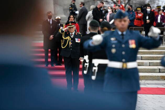 April 9, 2022, Ottawa, ON, CAN: Gov. Gen. Mary Simon salutes during a ceremony commemorating the 105th anniversary of the Battle of Vimy Ridge, at the National War Memorial in Ottawa, on Saturday, April 9, 2022. Ottawa CAN  - ZUMAc35_ 20220409_zaf_c35_014 Copyright: xJustinxTangx