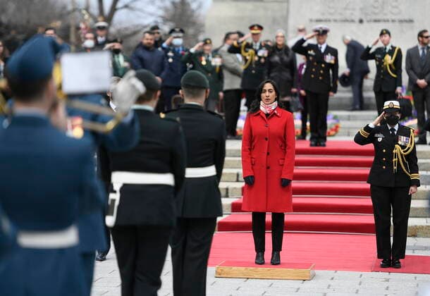 April 9, 2022, Ottawa, ON, CAN: Minister of National Defence Anita Anand stands on the dais during a ceremony commemorating the 105th anniversary of the Battle of Vimy Ridge, at the National War Memorial in Ottawa, on Saturday, April 9, 2022. Ottawa CAN  - ZUMAc35_ 20220409_zaf_c35_017 Copyright: xJustinxTangx
