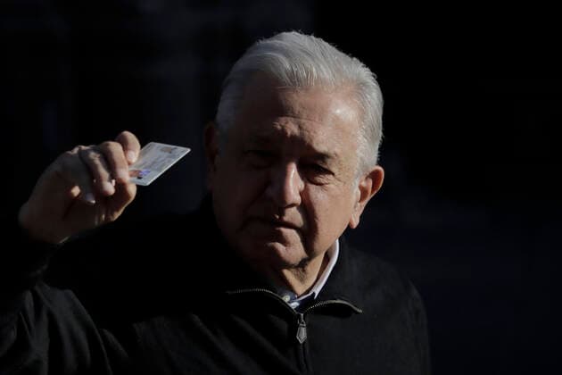 Revocation Of Mandate In Mexico AndrÃ s Manuel Lopez Obrador, Constitutional President of the United Mexican States, shows his voting card as he leaves the Art Museum of the Ministry of Finance and Public Credit (SHCP), located at 4 Moneda Street in the Historic Centre of Mexico City, where he cast his vote in the Popular Consultation for the Revocation of Mandate in Mexico. The purpose of the recall referendum is to ask Mexican citizens whether or not to remove the current president of Mexico, AndrÃ s Manuel Lopez Obrador. Mexico City Mexico City Mexico  Copyright: xGerardoxVieyrax originalFilename: vieyra-notitle220410_npq3a.jpg