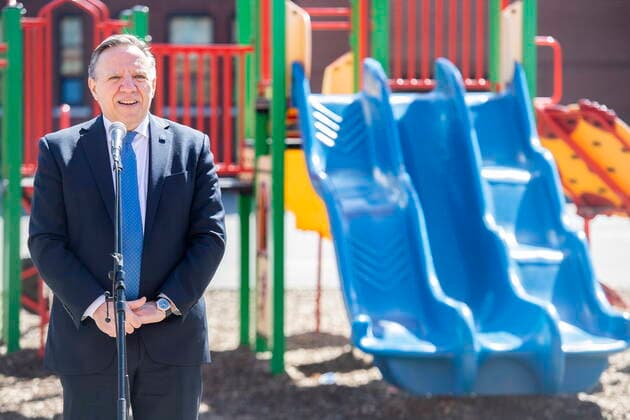 April 11, 2022, Montreal, PQ, Canada: Quebec Premier Francois Legault speaks during a news conference following a visit to a school in Montreal, Monday, April 11, 2022. Montreal Canada  - ZUMAc35_ 20220411_zaf_c35_010 Copyright: xGrahamxHughesx